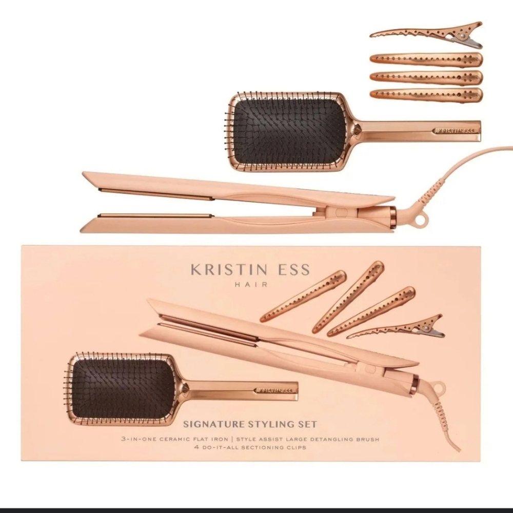 Kristin Ess Hair Signature Styling Set 3-in-1 Ceramic Flat Iron + Brush + Clips